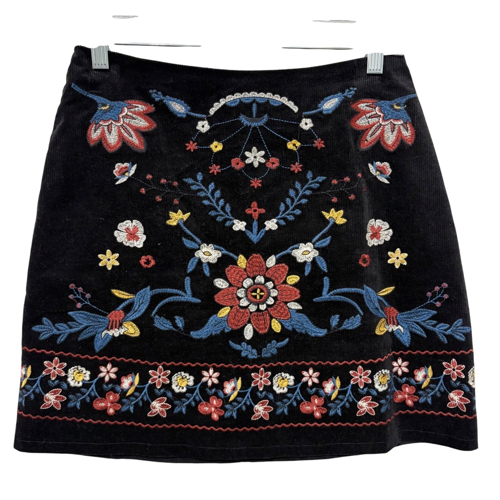 Miami Black Corduroy Floral Embroidered Mini Skirt B8FS1003C Womens Medium